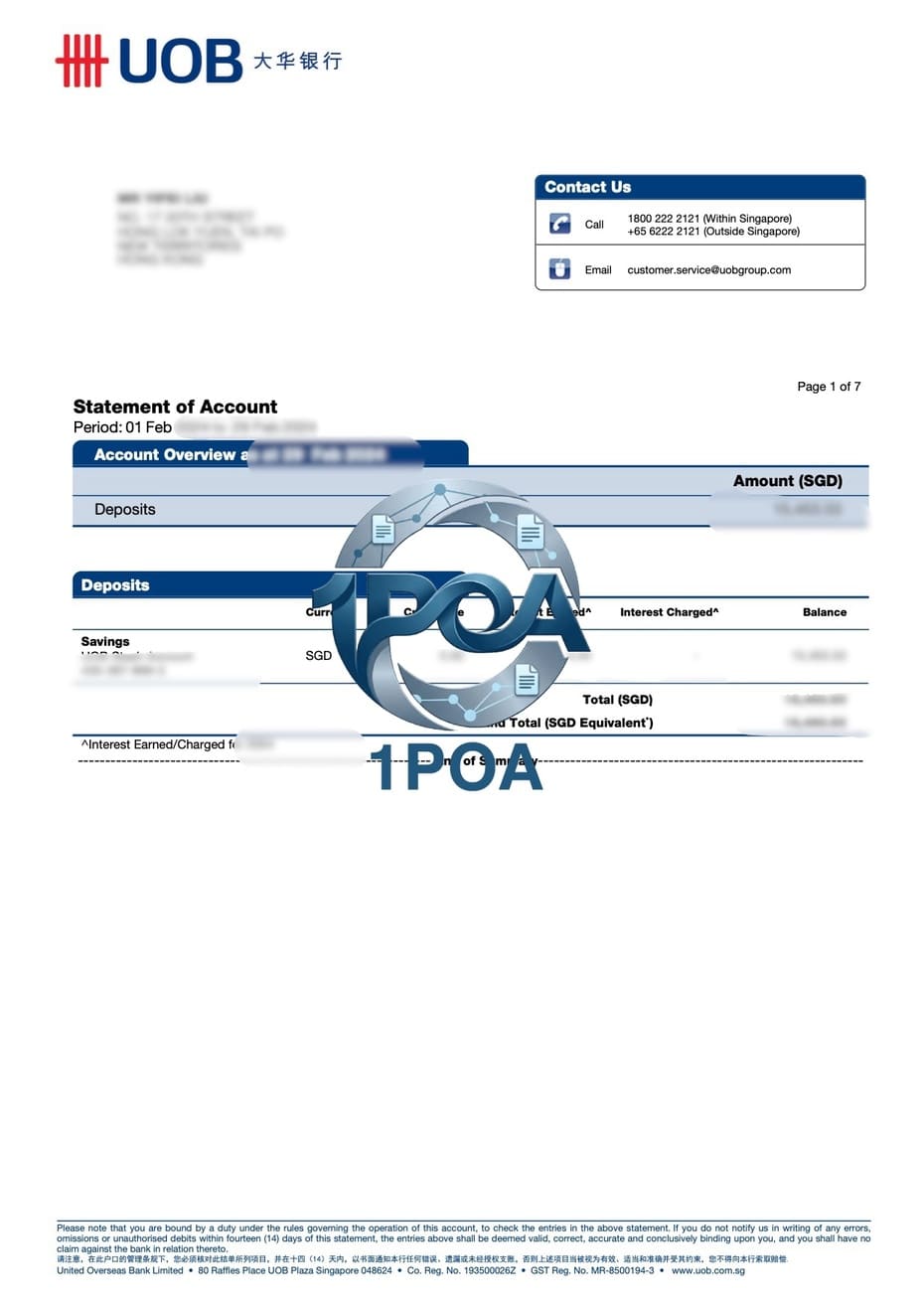 新加坡UOB银行账单 地址证明自动生成器 Singapore UOB Bank Statement Address Verification Auto Generator