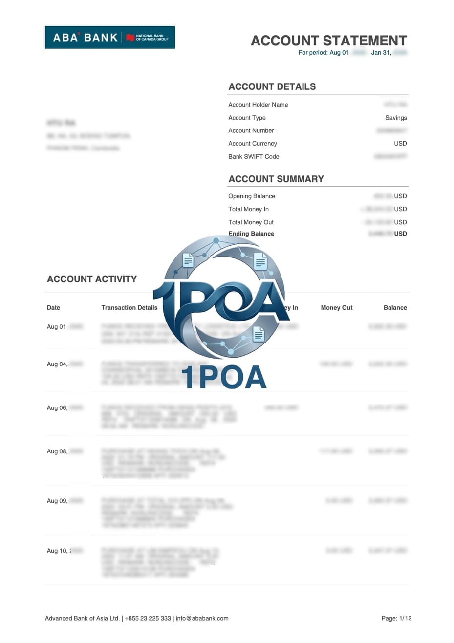 柬埔寨 ABA Bank 银行账单 地址证明生成器 Cambodia ABA Bank Statement Address Proof Generator