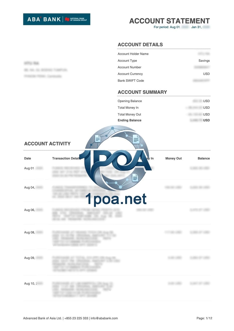 柬埔寨 ABA Bank 银行账单 地址证明生成器 Cambodia ABA Bank Statement Address Proof Generator