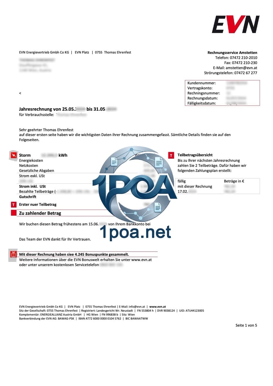 奥地利水电费账单 AT ENV 电费地址证明自动生成器 Austrian electricity and water bills AT ENV electricity bill address proof auto-generator