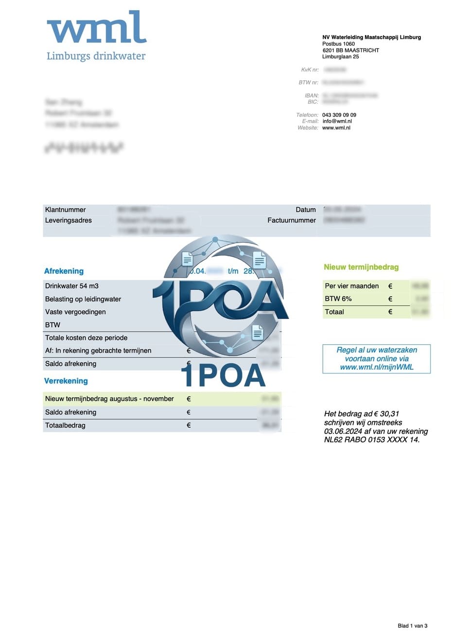 荷兰 水电费账单 WML 电费地址证明自动生成器 Netherlands Utility Bills (WML) - Electricity Address Proof Generator