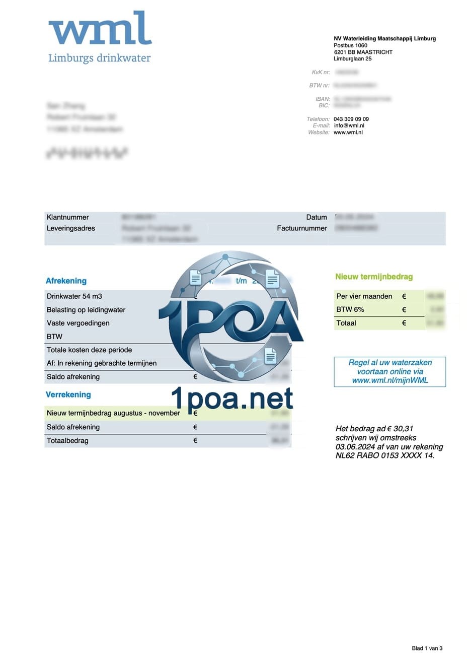荷兰 水电费账单 WML 电费地址证明自动生成器 Netherlands Utility Bills (WML) - Electricity Address Proof Generator