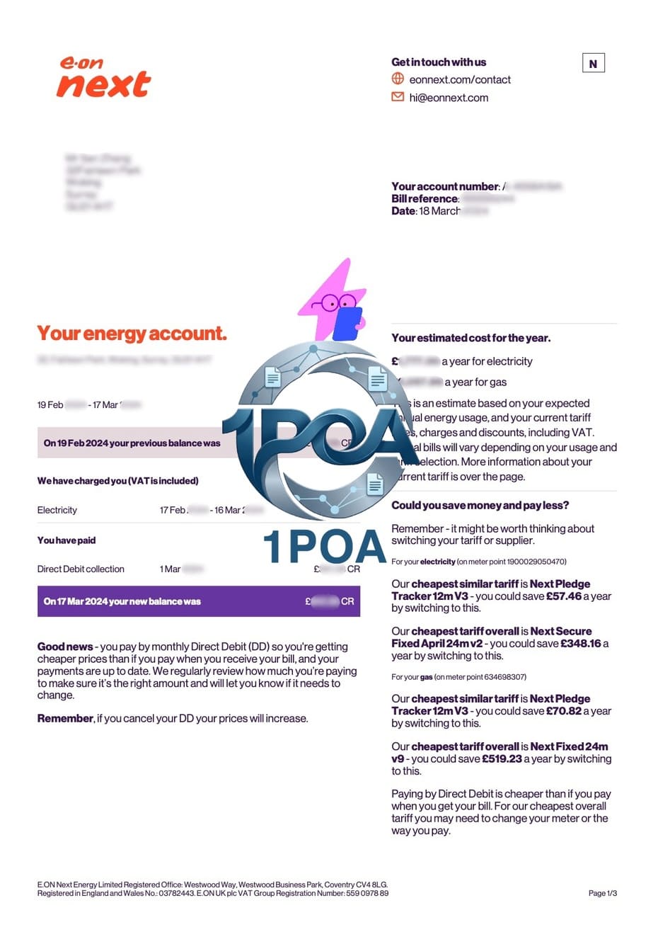 英国水电费账单 Eon Next 电费地址证明自动生成器 UK Utility Bills - Eon Next Electricity Address Proof Generator