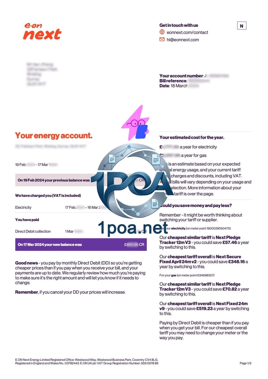 英国水电费账单 Eon Next 电费地址证明自动生成器 UK Utility Bills - Eon Next Electricity Address Proof Generator