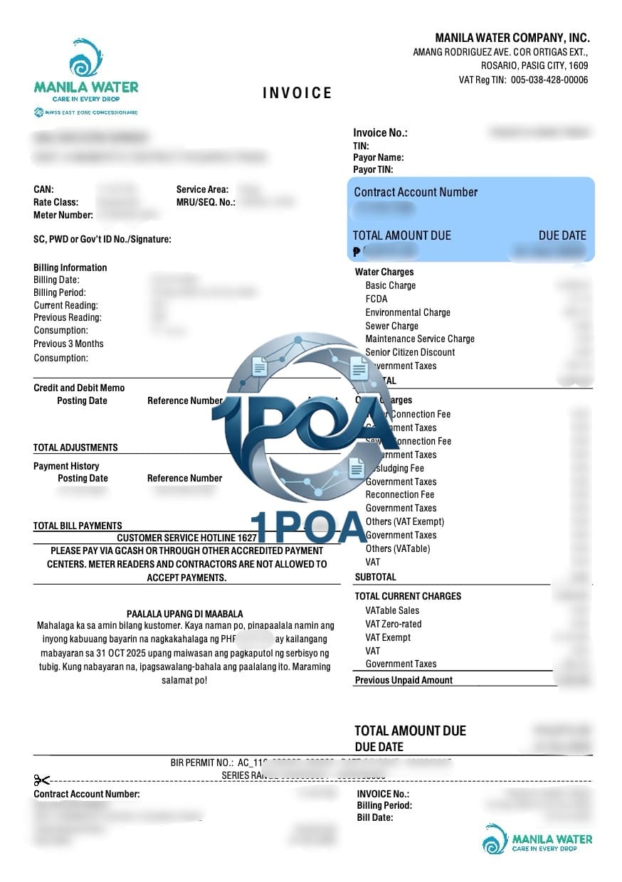 菲律宾水电费账单 Manila Water 水费账单 地址证明生成器 Philippines Manila Water Bill Address Proof Generator