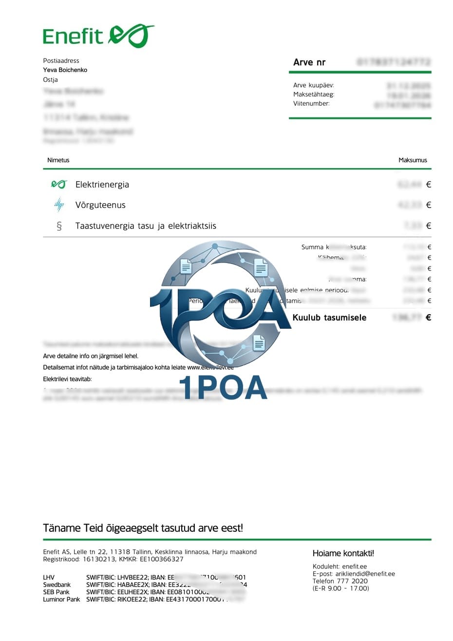 爱沙尼亚水电费账单 Enefit 电费地址证明生成器 Estonian electricity and water bills - Enefit electricity bill address proof generator