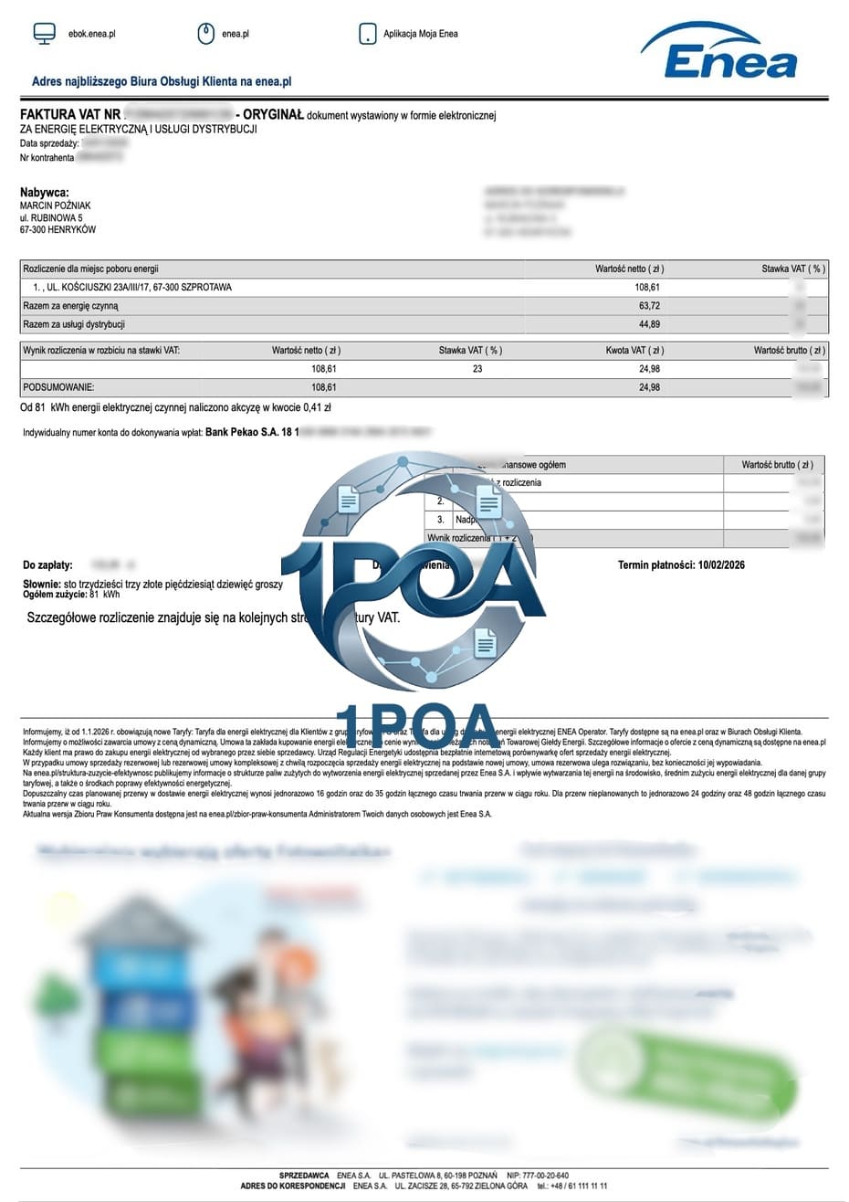 波兰水电费账单 Enea 电费地址证明生成器 Polish electricity and water bills - Enea electricity bill address proof generator
