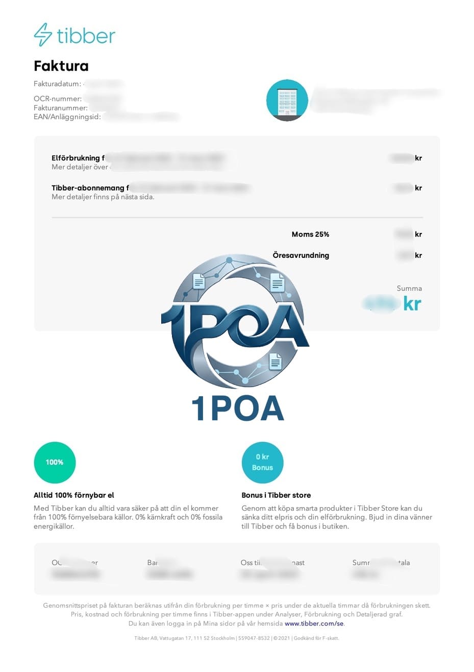 瑞典水电费账单 Tibber 电费 地址证明生成器 Swedish electricity and water bills, Tibber electricity bill, address proof generator