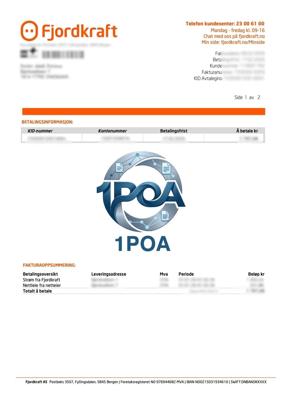 挪威水电费账单 Fjordkraft 电费 地址证明生成器 Norwegian electricity and water bills, Fjordkraft bill, address proof generator