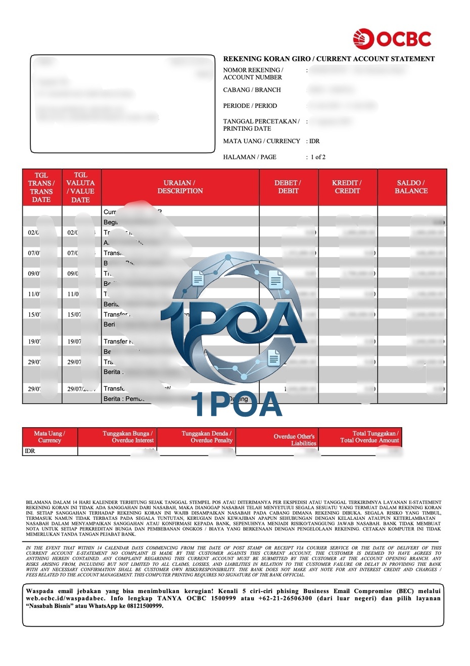 印度尼西亚 OCBC Bank 银行账单 印尼地址证明生成器 Indonesian OCBC Bank Bank Statement Indonesian Address Verification Generator