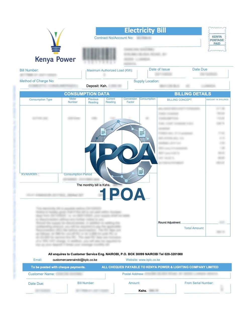 肯尼亚水电账单 Kenya Power 电费账单 地址证明生成器 Kenya Power electricity bill, address proof generator