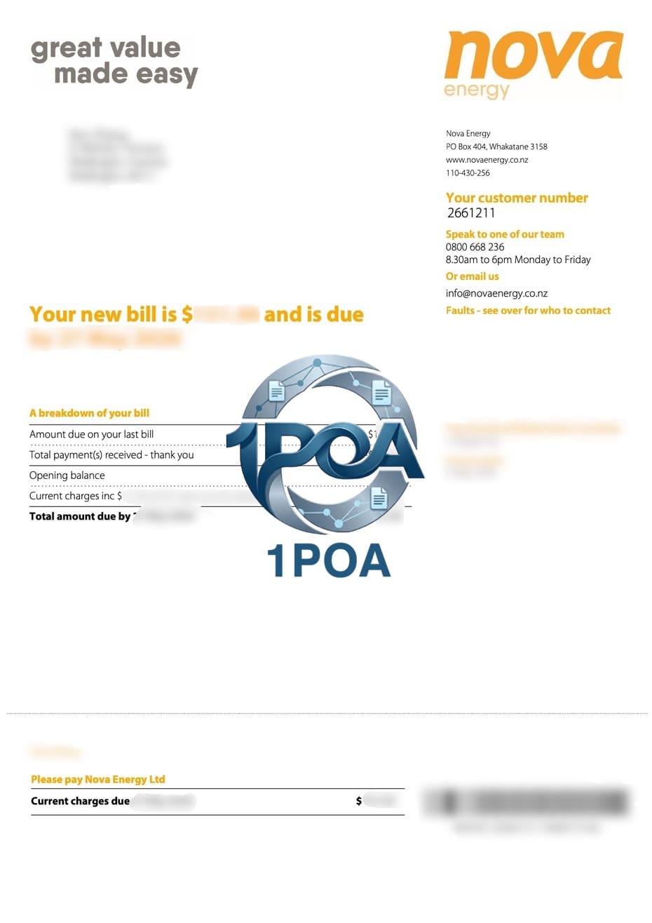 新西兰 公共事业账单 Nova 电费账单 地址证明生成器 New Zealand Utility Bill Nova Electricity Bill Address Proof Generator