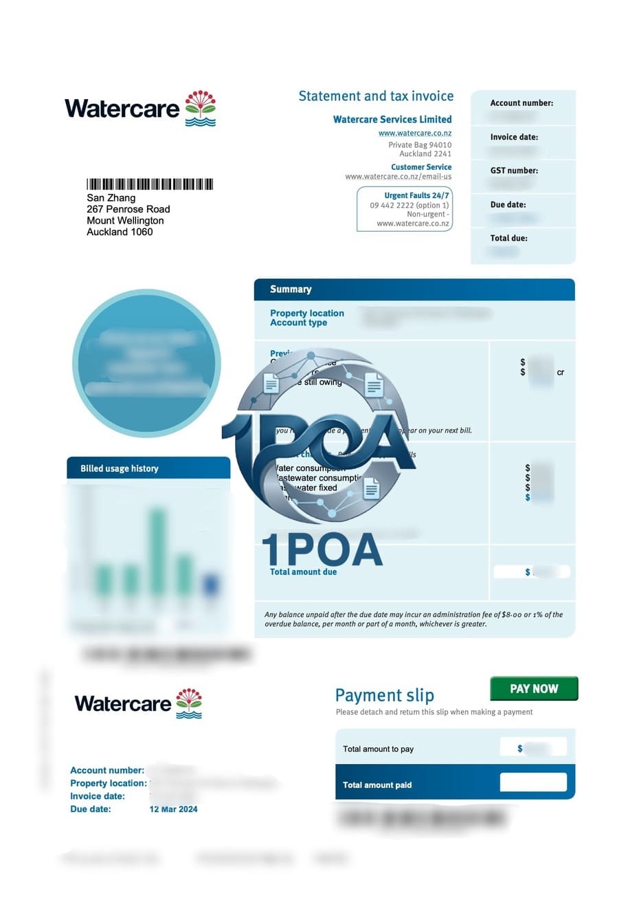 新西兰 Watercare 水费账单 公共事业账单 地址证明生成器 New Zealand Watercare water bill, utility bill, address proof generator