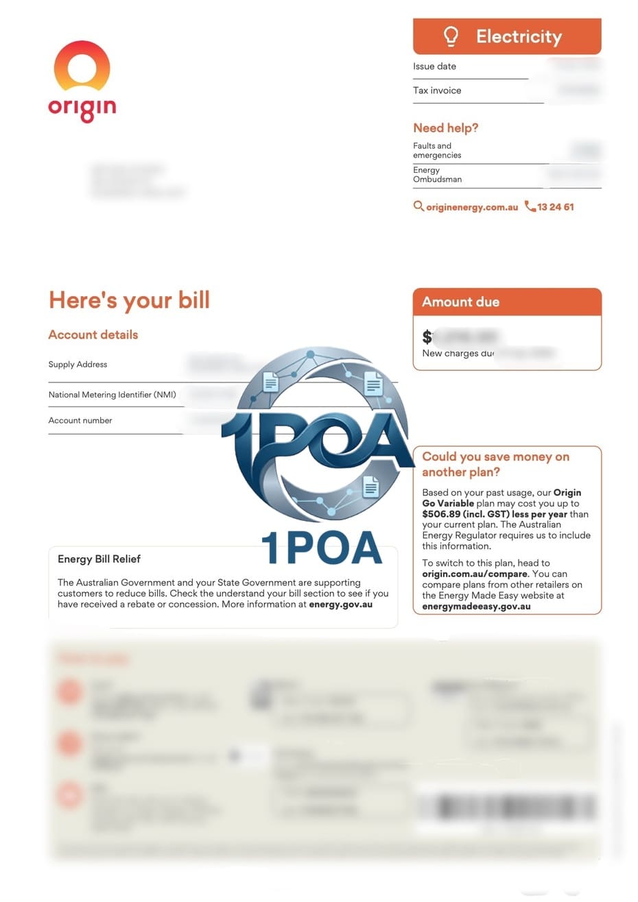 澳洲 Origin Energy 电费账单 公共事业账单 地址证明生成器 Australian Origin Energy electricity bill, utility bill, address proof generator