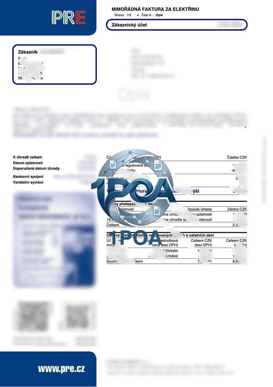 捷克 PRE 公共事业 电费账单  地址证明生成器 Czech Republic PRE Utility Electricity Bill Address Proof Generator