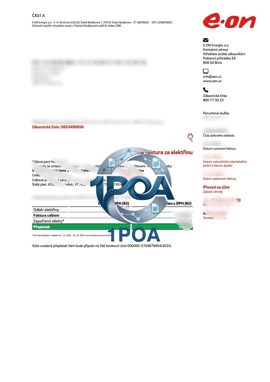 捷克 EON 公共事业 电费账单  地址证明生成器 Czech EON Utility Electricity Bill Address Proof Generator