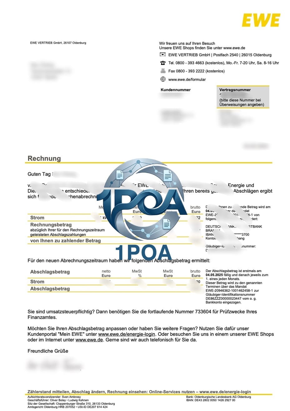 德国 EWE 公共事业 电费账单  地址证明生成 German EWE Utility Electricity Bill Address Verification Generation