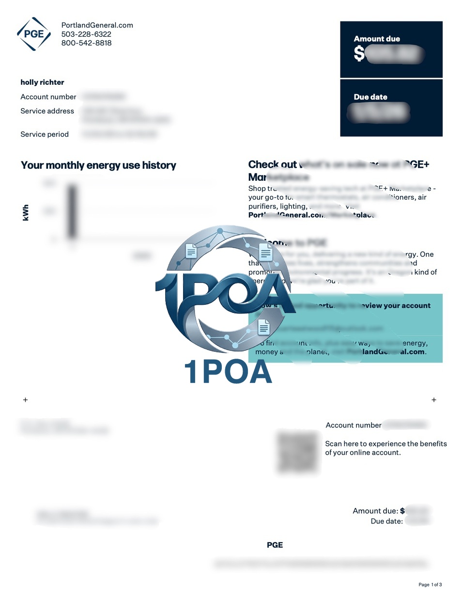 美国 俄勒冈州 PGE 电费账单 地址证明生成器 US Oregon PGE Electricity Bill Address Proof Generator