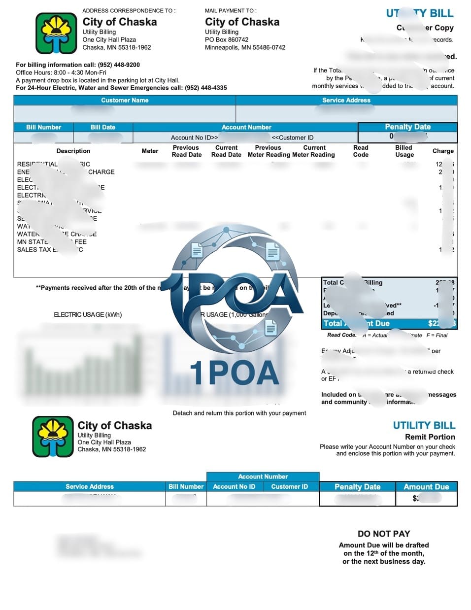 美国 明尼苏达州 City of Chaska 水电费账单 地址证明生成器 City of Chaska, Minnesota, USA Utility Bill / Proof of Address Generator
