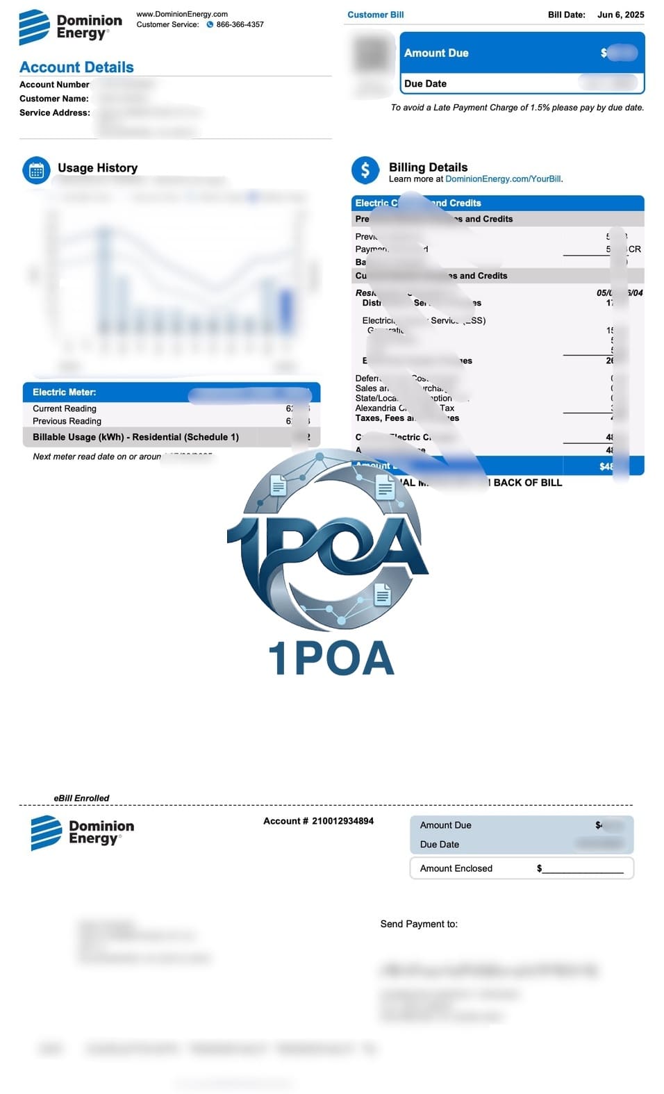 美国 水电费账单 Dominion Energy 电费账单 地址证明生成器 US Utility Bill – Dominion Energy Electricity Bill – Proof of Address Generator