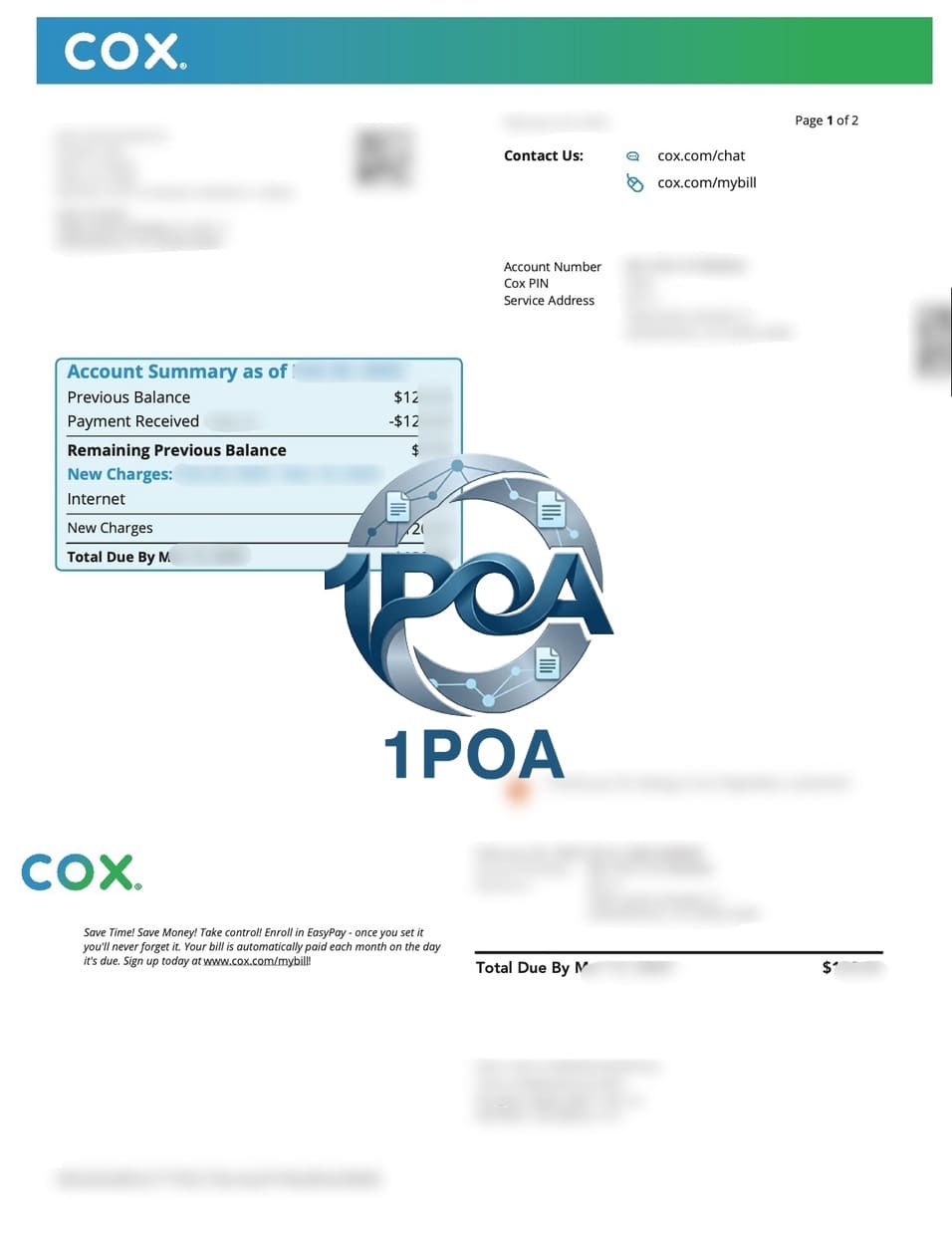 美国地址证明 COX 互联网宽带费账单 地址证明生成器 US Proof of Address: COX Broadband Internet Bill / Address Proof Generator