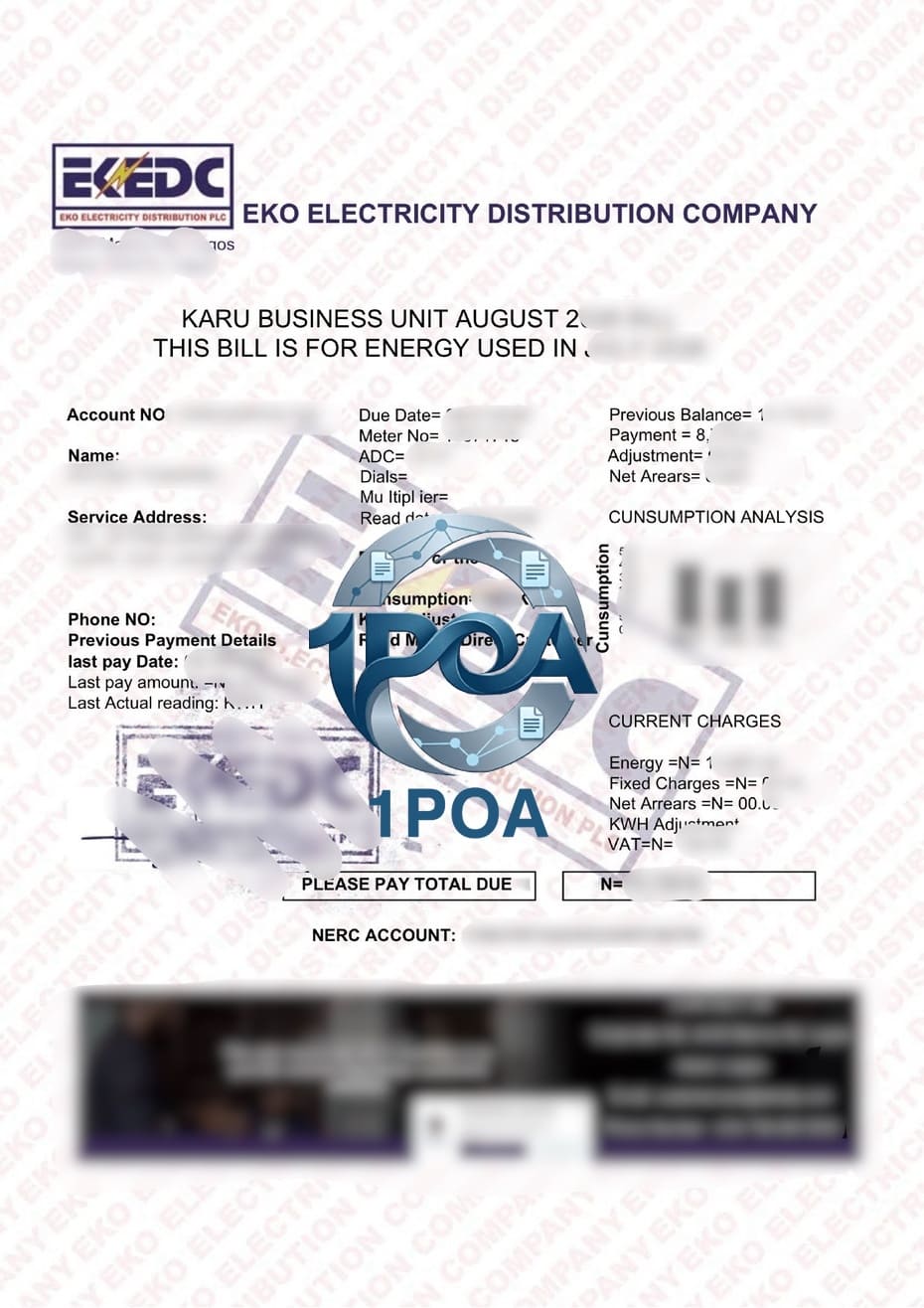 尼日利亚地址证明 EKEDP 电费账单 地址证明生成器 Proof of address (EKEDP electricity bill) and proof of address generator (France)