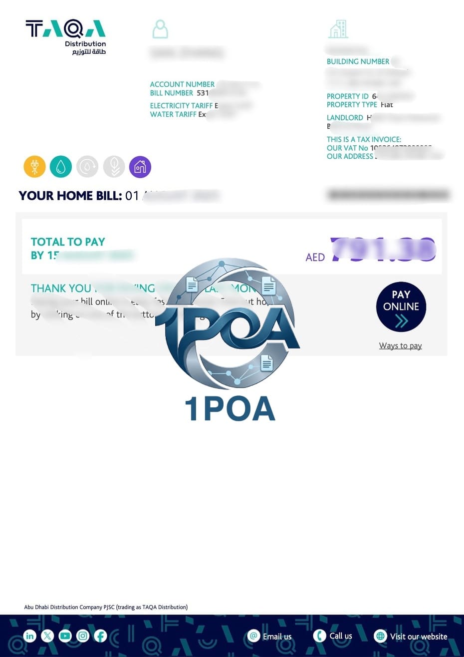 迪拜地址证明 Taqa Distribution 电费账单 地址证明生成器 Dubai Taqa Distribution Electricity Bill Proof of Address Generator