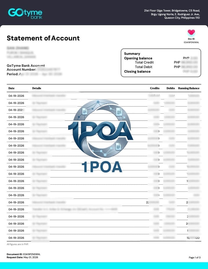 菲律宾地址证明 GO tyme Bank 银行账单 地址证明生成器 Proof of address in the Philippines GoTyme Bank statement Proof of address generator