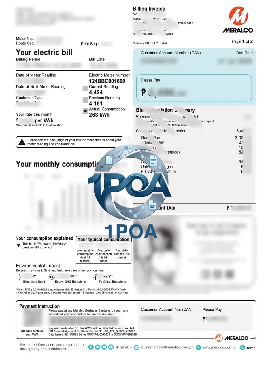 菲律宾地址证明 Manila Electric 电费账单 地址证明生成器 Philippines Manila Electric Meralco electricity bill; proof of address generator