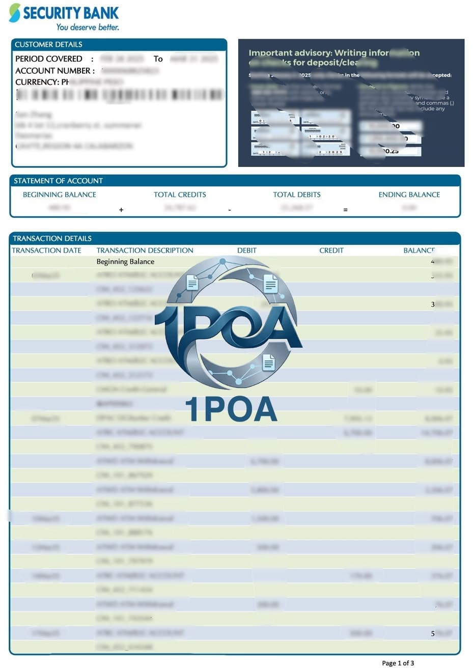 菲律宾地址证明 Security Bank 银行账单 地址证明生成器Proof of address in the Philippines Security Bank statement Proof of address generator