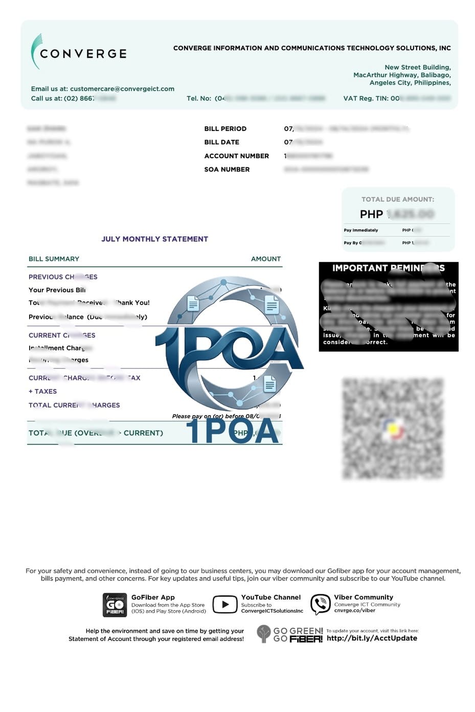 菲律宾地址证明 Convergeict 宽度互联网账单 地址证明生成器 Philippines Converge ICT broadband internet bill; proof of address generator