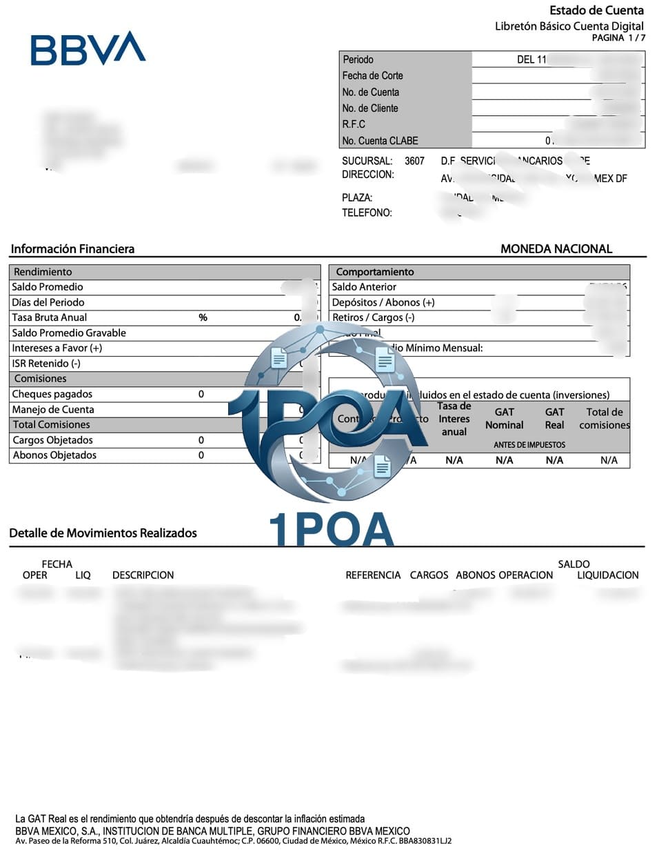 墨西哥地址证明 BBVA Bank 银行账单 演示地址证明生成器 Mexico Proof of Address – BBVA Bank Statement – ​​Demo Proof of Address Generator