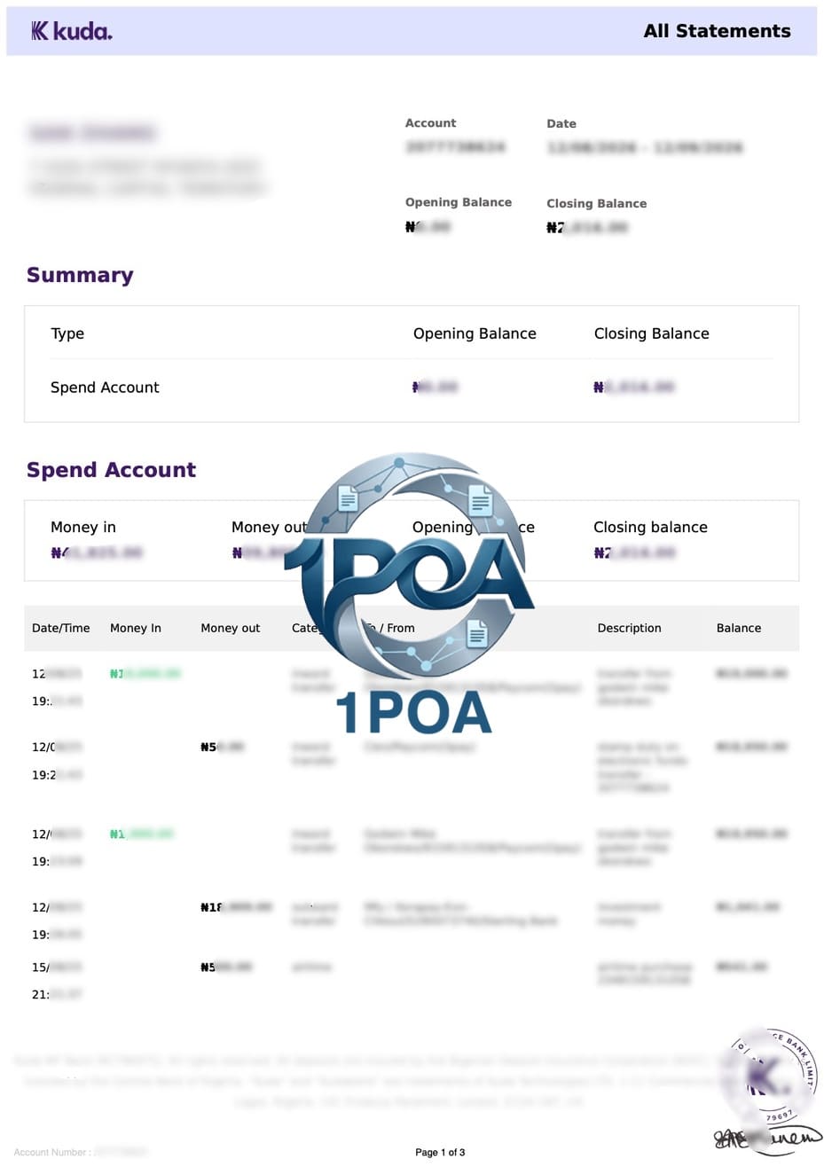 尼日利亚地址证明 Kuda Bank 银行账单 地址证明生成器 Nigeria Proof of Address Kuda Bank Statement ​​Proof of Address Generator