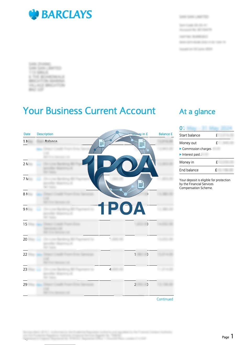 英国公司地址证明 Barclays Business 账单 演示地址证明生成器 UK company Barclays Business Bank statement ​​Demo proof of address generator