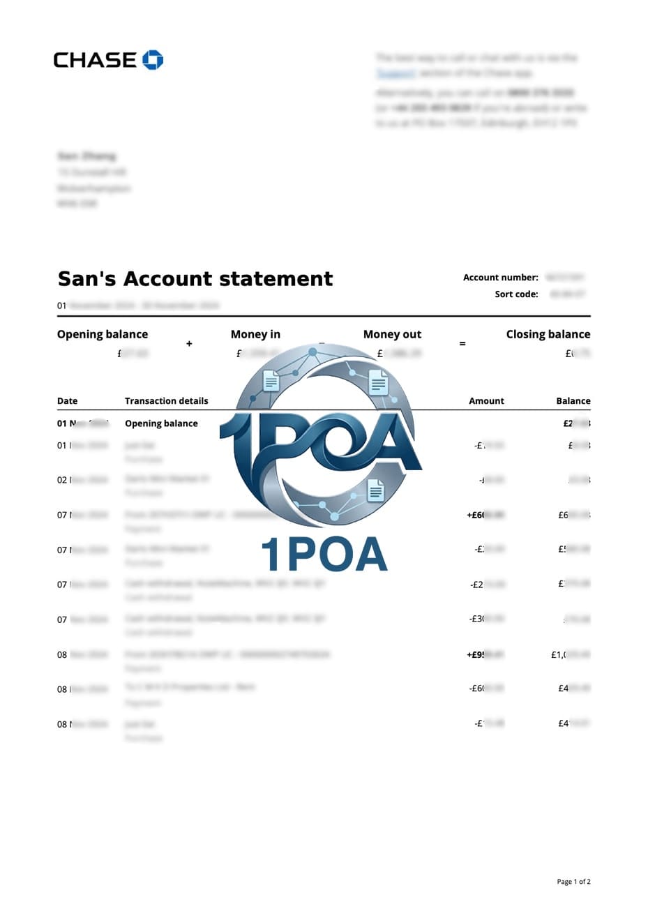 英国地址证明 Chase UK 银行账单 演示地址证明生成器  UK Proof of Address: Chase UK Bank Statement – ​​Proof of Address Generator Demo