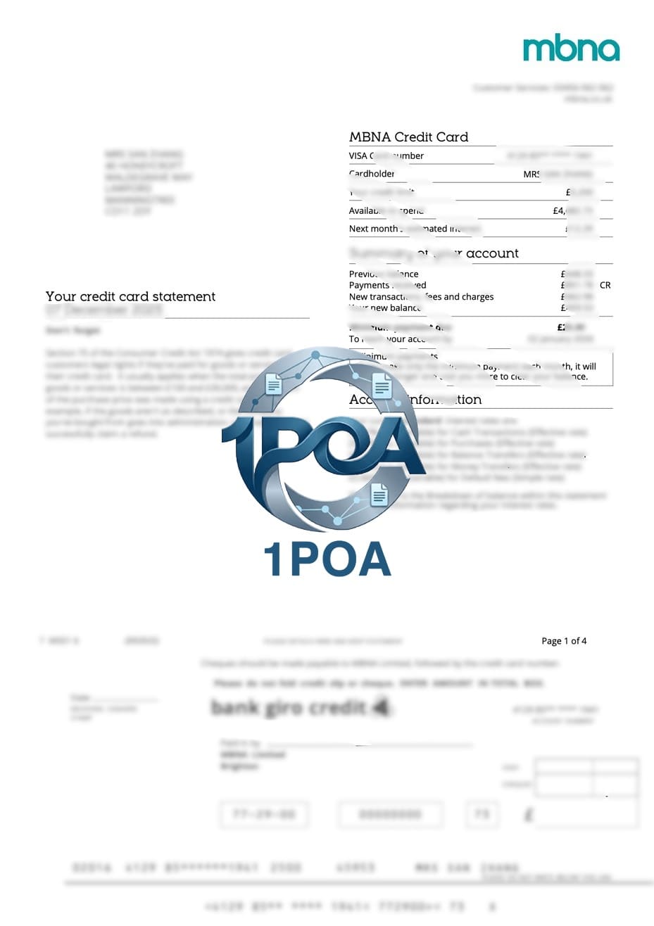 英国信用卡账单 地址证明 Mbna UK Credit Card 账单 演示地址证明生成器 UK Credit Card Statement (MBNA) – Demo Proof-of-Address Generator
