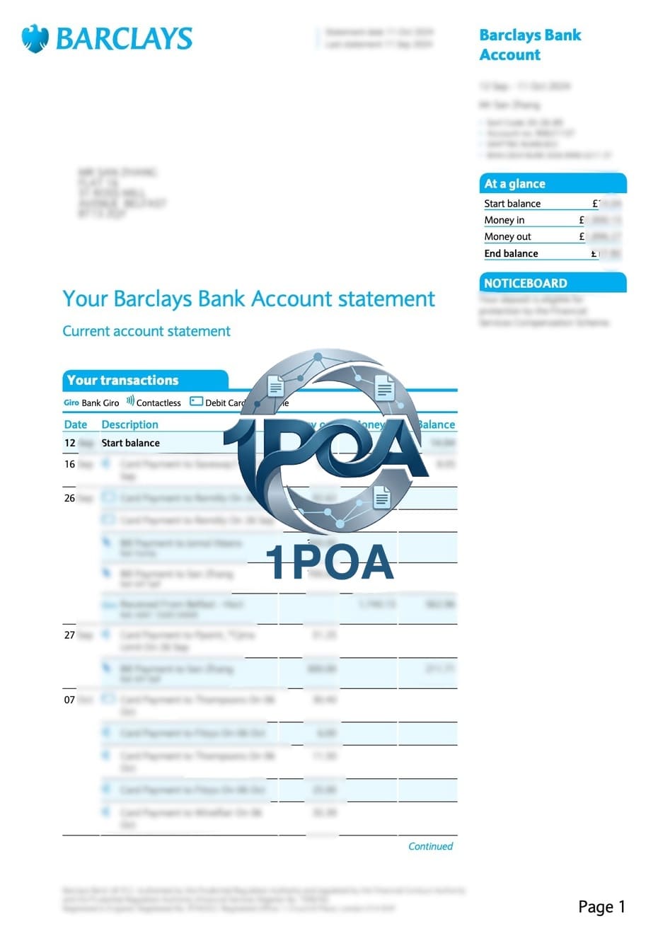 英国地址证明 Barclays Bank 巴克莱银行账单 演示地址证明生成器 UK Proof of Address: Barclays Bank Statement ​​Proof of Address Generator Demo