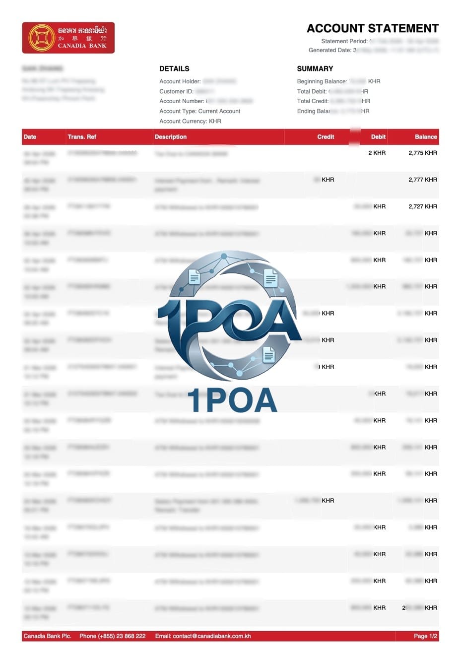 柬埔寨加華銀行 地址证明 Canadia Bank 银行账单 演示地址证明生成器 Cambodia Canadia Bank Statement ​​Demo Proof of Address Generator