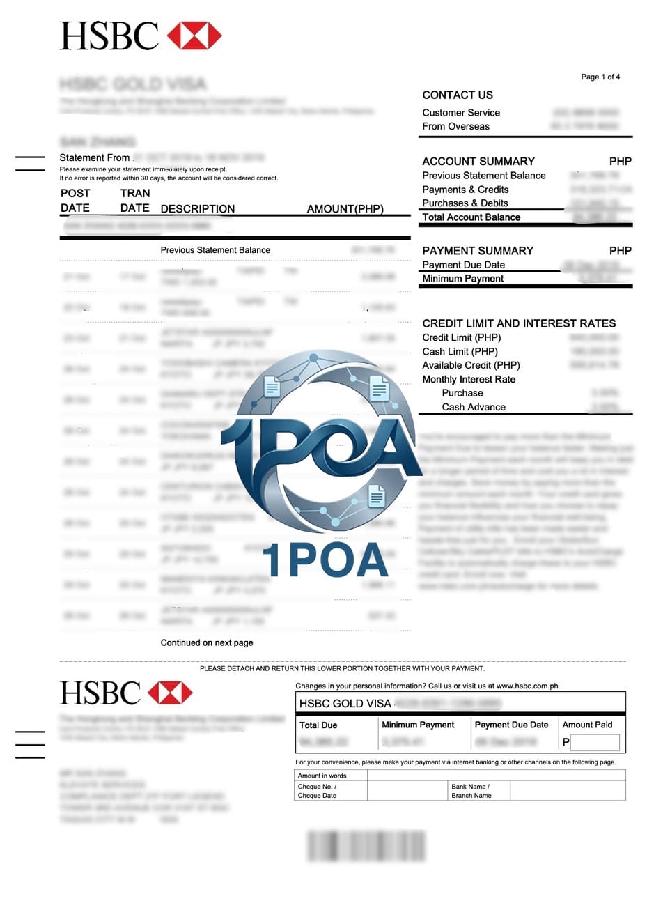 菲律宾汇丰银行信用卡账单 HSBC Credit Card 地址证明生成器 HSBC Philippines Credit Card Statement / Proof of Address Generator
