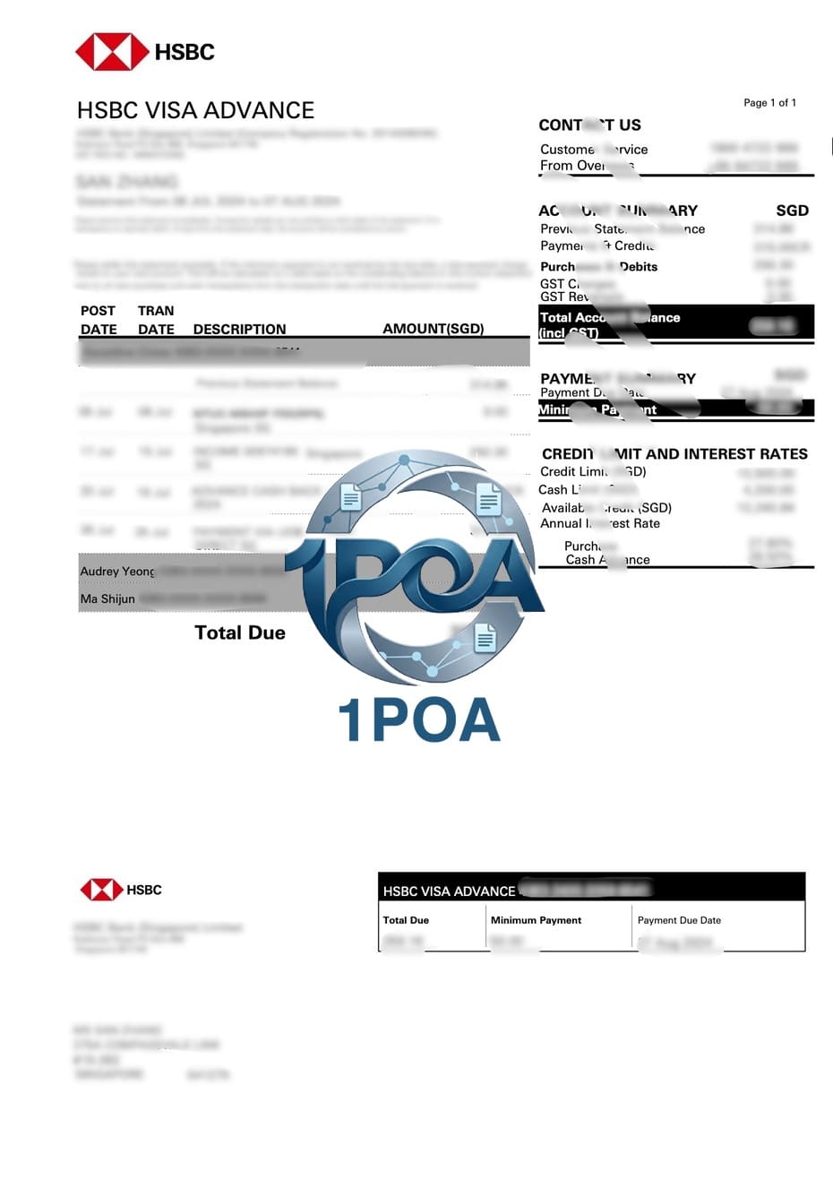 新加坡汇丰银行信用卡账单 HSBC Credit Card 地址证明生成器 HSBC Singapore Credit Card Statement / Proof of Address Generator