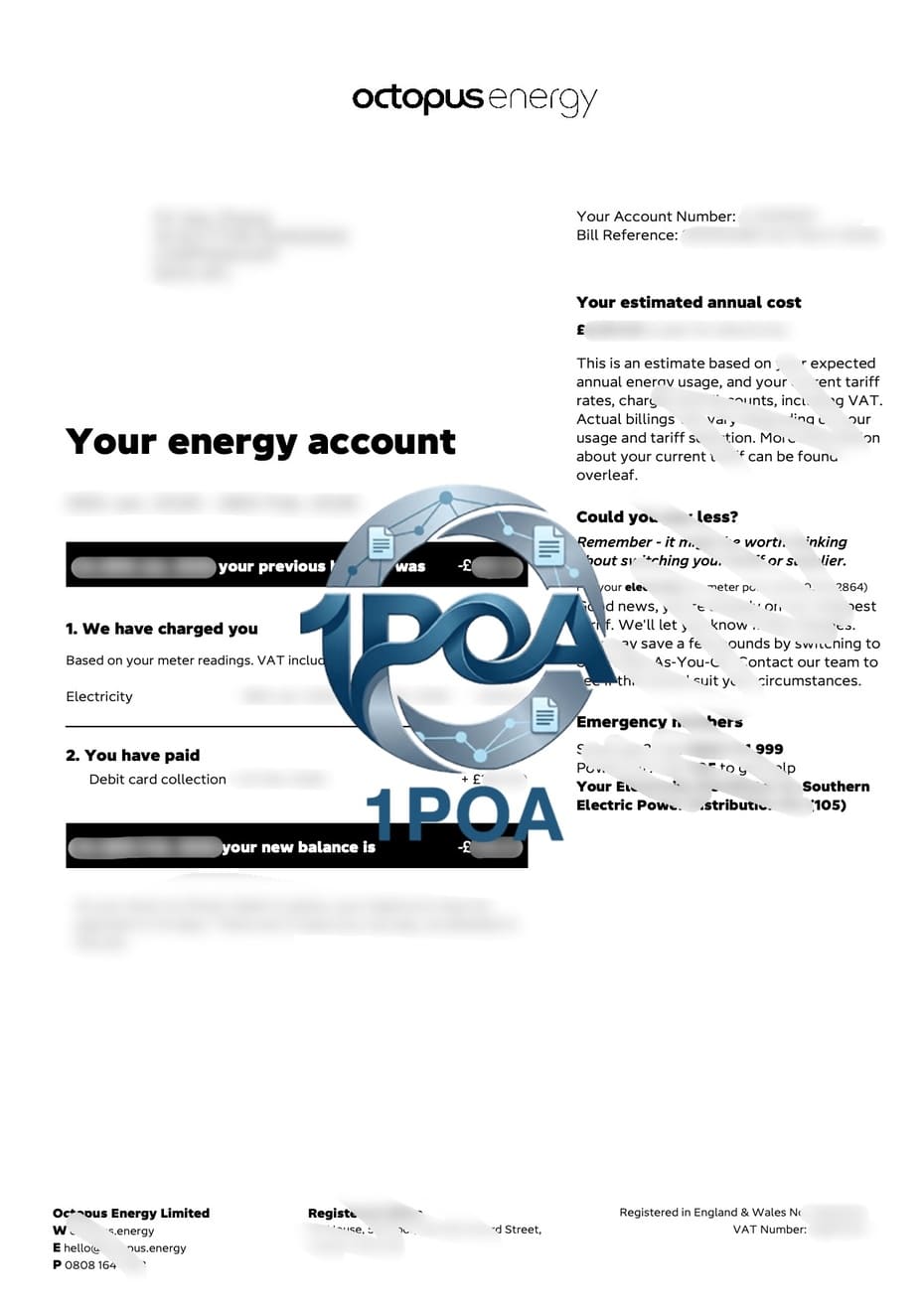 英国水电费账单 Octopus Energy 电费账单 地址证明生成器 UK Utility Bill – Octopus Energy Electricity Bill – Proof of Address Generator